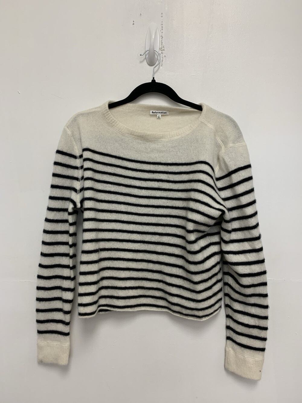 Reformation 100% Cashmere Boyfriend Sweater in Oatmeal Black Stripe Size Small